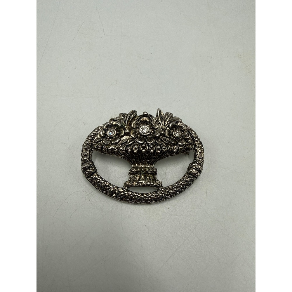Vtg Silver Tone Floral Basket Brooch Rhinestone Oval Textured Pin Antique Style